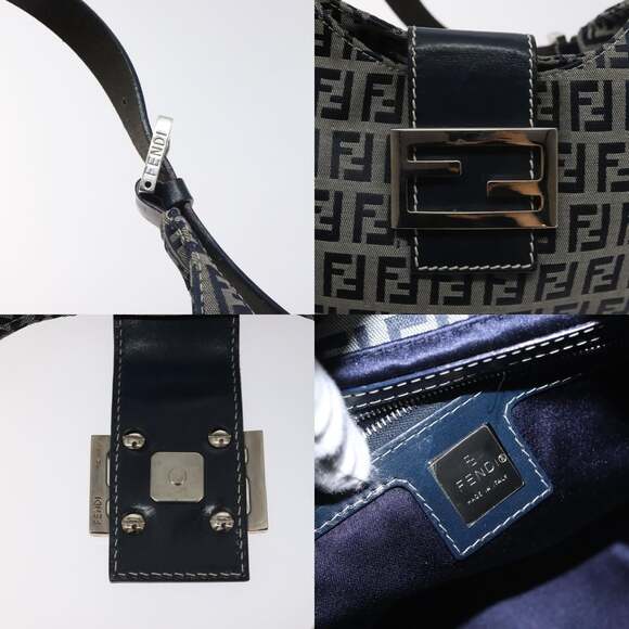 FENDI Zucchino Canvas Shoulder Bag Navy Silver - Picture 11 of 13